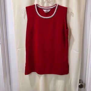 Misook Red Sleeveless Tank Top with Striped Trim Knit Blouse Business Casual -SM